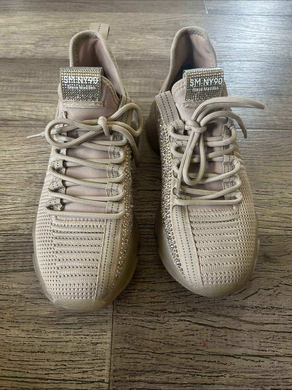 Steve Madden Tan Knit Sneakers with Crystal Embellishments